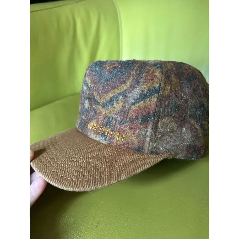 Vintage Carhartt Aztec Wool Snapback Hat Brown Duck Canvas Brim USA Made